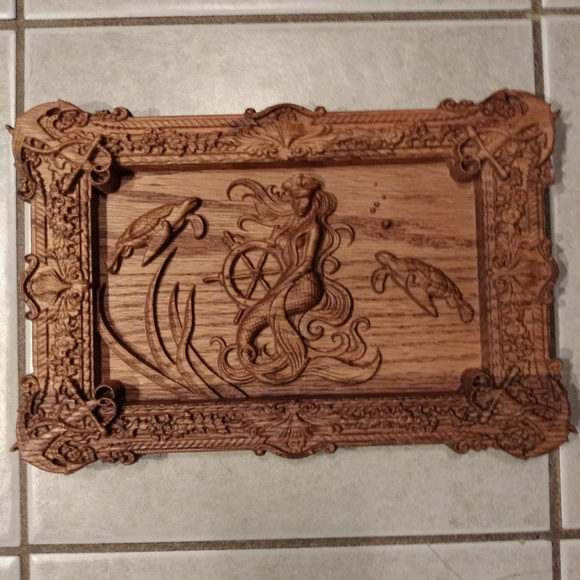 Mermaid w/ Sea turtles wood carving in OAK 12 x 8